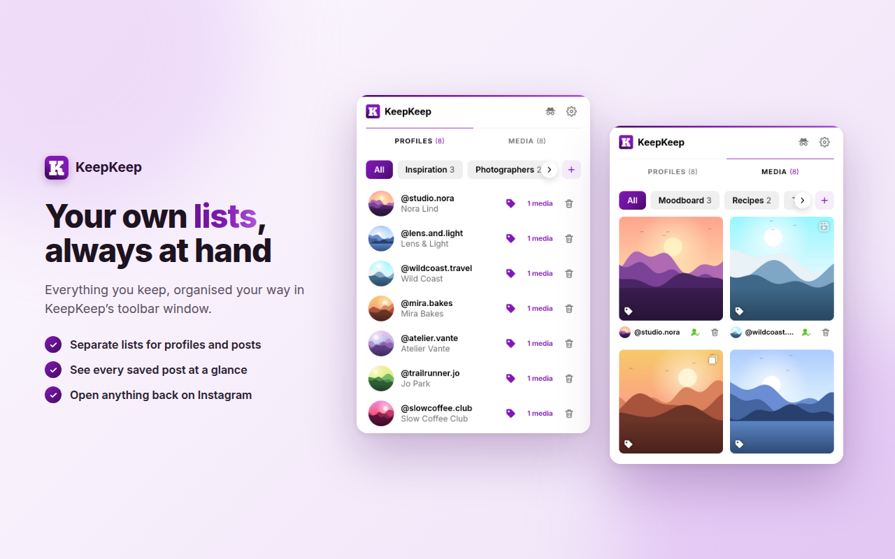 Your own lists for profiles and posts